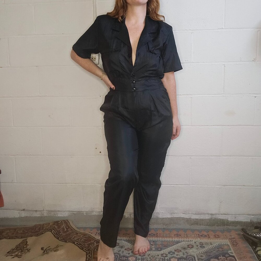 VNT RetroSport OfficeSire Coastal Gma Alternative Black Button Down Jumpsuit